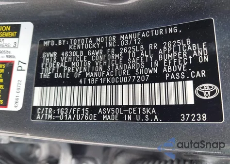 2012 Toyota Camry Se из США, поврежденный, VIN 4T1BF1FK0CU077207